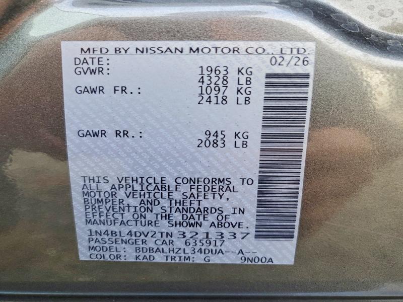 2026 Nissan Altima მანქანა იყიდება აუქციონზე, vin: 1N4BL4DV2TN321337, აუქციონის ნომერი: 69415786
