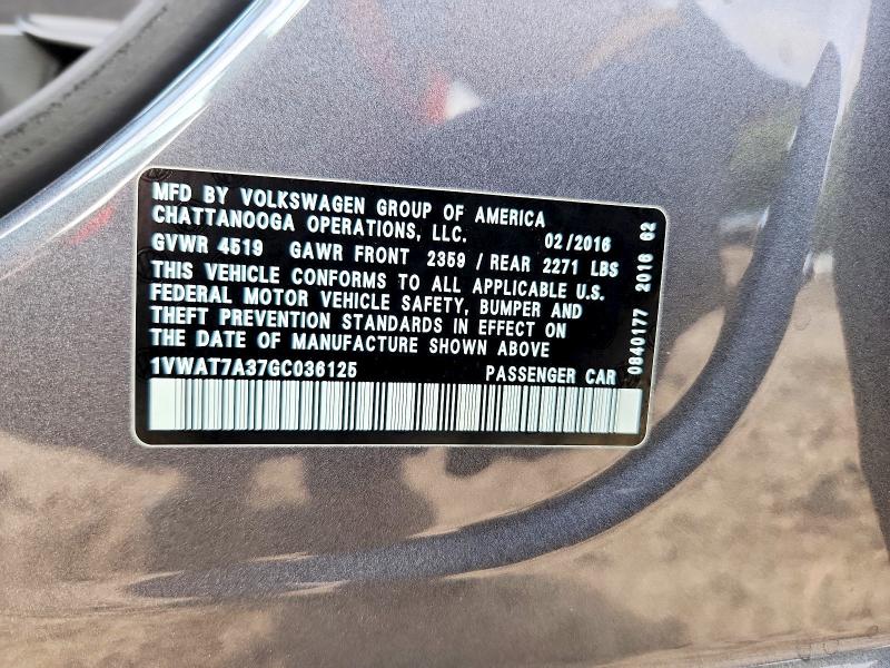 68433606 :رقم المزاد ، 1VWAT7A37GC036125 vin ، 2016 Volkswagen Passat مزاد بيع