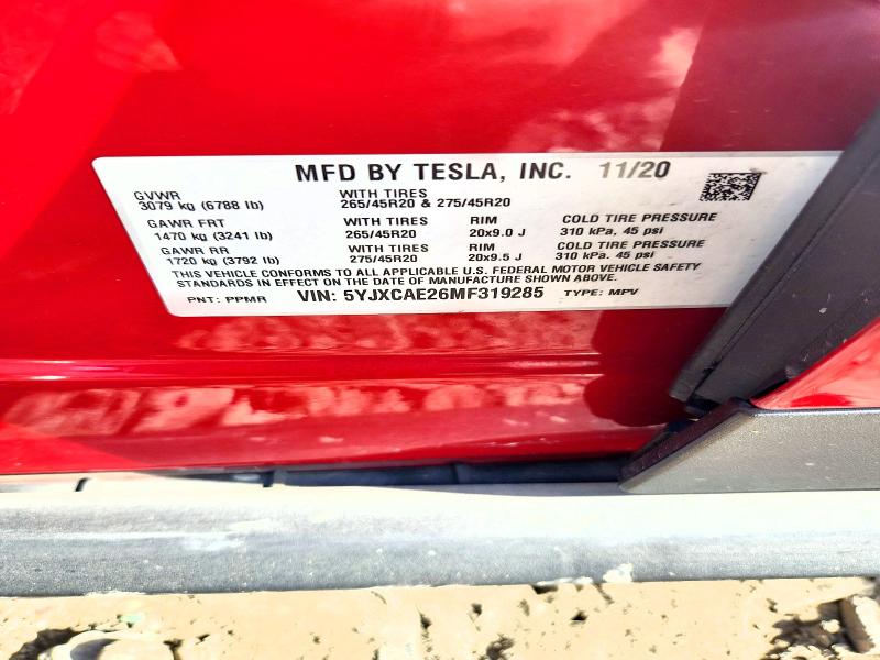 68628316 :رقم المزاد ، 5YJXCAE26MF319285 vin ، 2021 Tesla Model X مزاد بيع