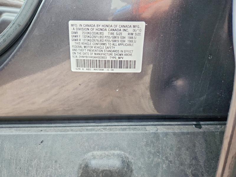 66609196 :رقم المزاد ، 2HNYB1H45AH503833 vin ، 2010 Acura Zdx مزاد بيع