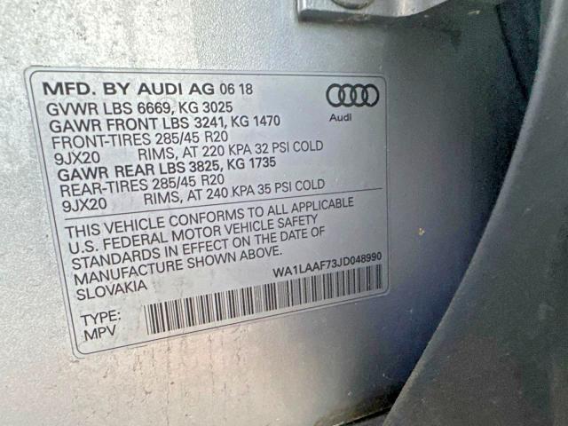 Продаж на аукціоні авто 2018 Audi Q7, vin: WA1LAAF73JD048990, номер лоту: 69454986