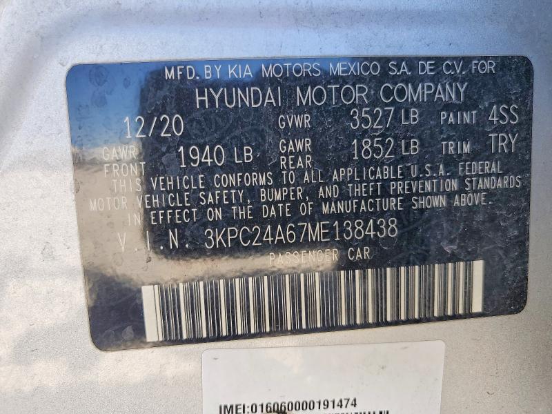 Продаж на аукціоні авто 2021 Hyundai Accent, vin: 3KPC24A67ME138438, номер лоту: 67527436