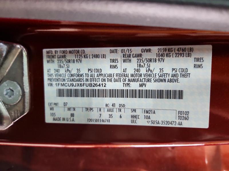 2015 Ford Escape მანქანა იყიდება აუქციონზე, vin: 1FMCU9JX6FUB26412, აუქციონის ნომერი: 68276316
