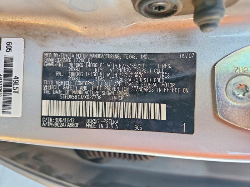 2007 Toyota Tundra მანქანა იყიდება აუქციონზე, vin: 5TFDV58137X027708, აუქციონის ნომერი: 70474776