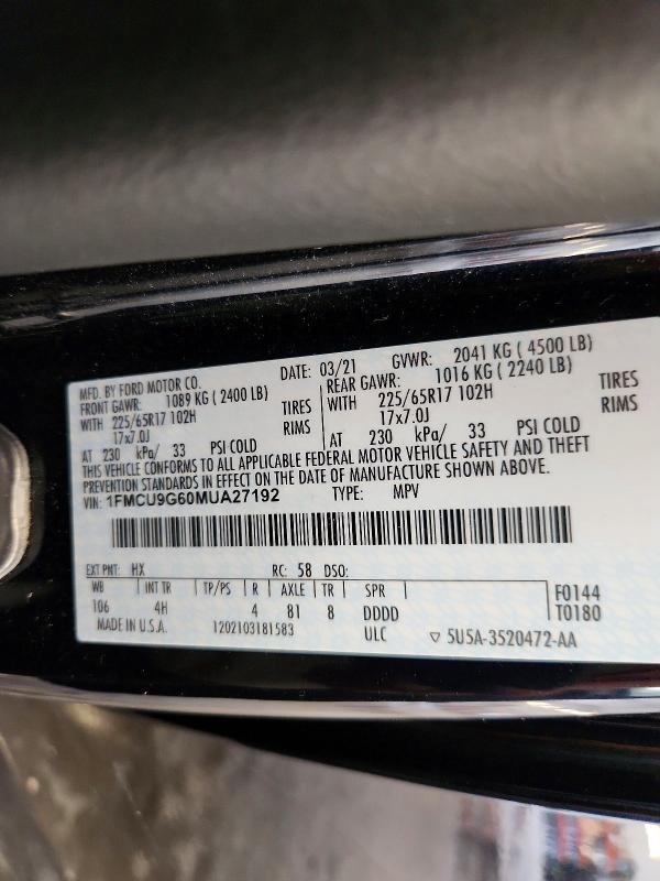 Aukcja sprzedaży 2021 Ford Escape, vin: 1FMCU9G60MUA27192, numer aukcji: 67614836