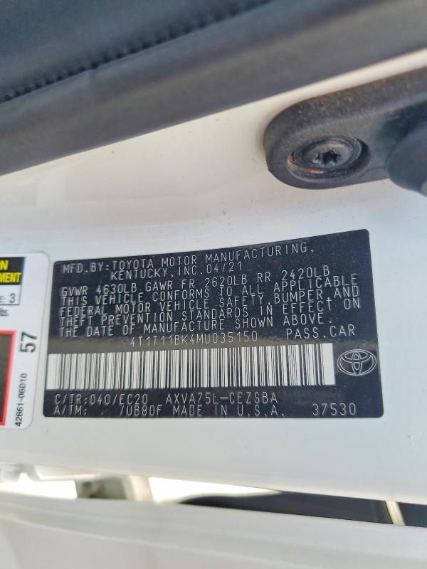 2021 Toyota Camry მანქანა იყიდება აუქციონზე, vin: 4T1T11BK4MU035150, აუქციონის ნომერი: 68838196