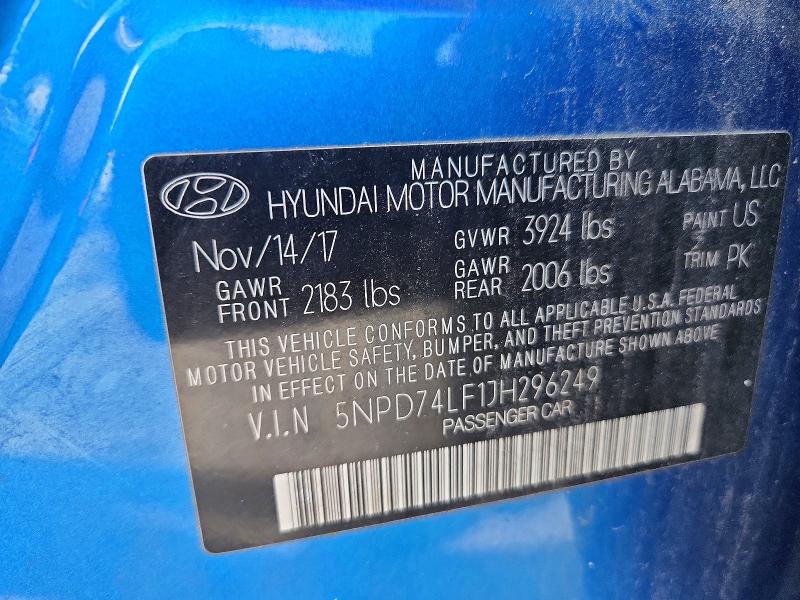2018 Hyundai Elantra მანქანა იყიდება აუქციონზე, vin: 5NPD74LF1JH296249, აუქციონის ნომერი: 67551556