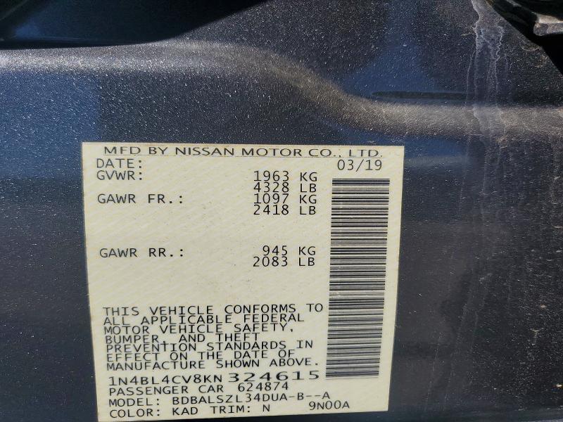 2019 Nissan Altima მანქანა იყიდება აუქციონზე, vin: 1N4BL4CV8KN324615, აუქციონის ნომერი: 70700396
