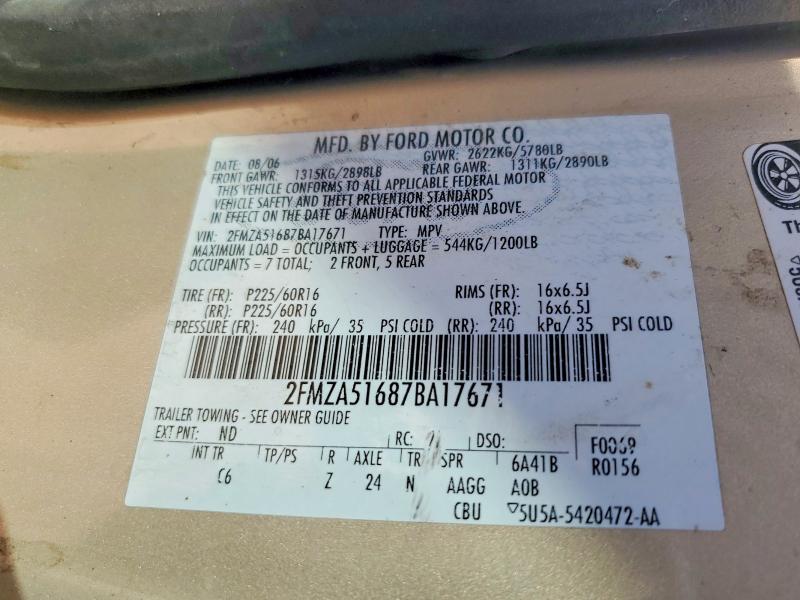 64662756 :رقم المزاد ، 2FMZA51687BA17671 vin ، 2007 Ford Freestar مزاد بيع