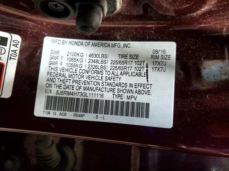 Aukcja sprzedaży 2016 Honda Cr-v, vin: 5J6RM4H73GL111116, numer aukcji: 68995606