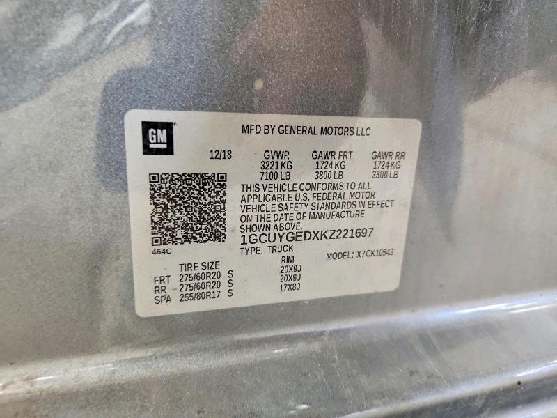 2019 Chevrolet Silverado მანქანა იყიდება აუქციონზე, vin: 1GCUYGEDXKZ221697, აუქციონის ნომერი: 71365296