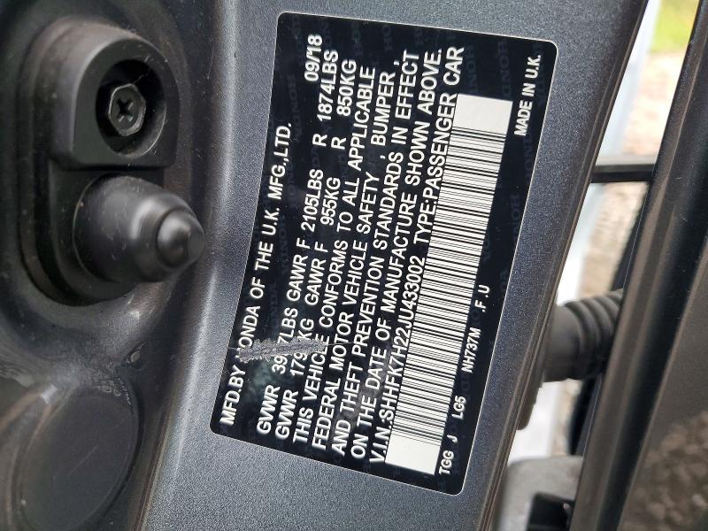 68753236 :رقم المزاد ، SHHFK7H22JU433002 vin ، 2018 Honda Civic مزاد بيع