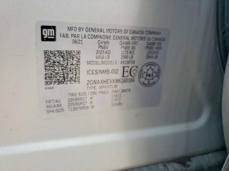 2021 Chevrolet Equinox მანქანა იყიდება აუქციონზე, vin: 2GNAXHEVXM6160166, აუქციონის ნომერი: 69317256