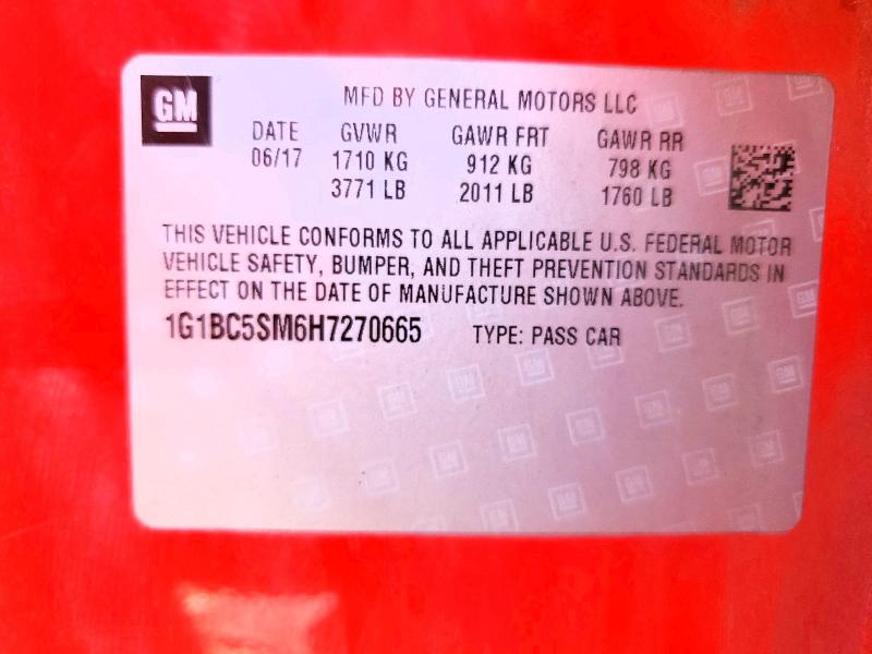 70518376 :رقم المزاد ، 1G1BC5SM6H7270665 vin ، 2017 Chevrolet Cruze مزاد بيع