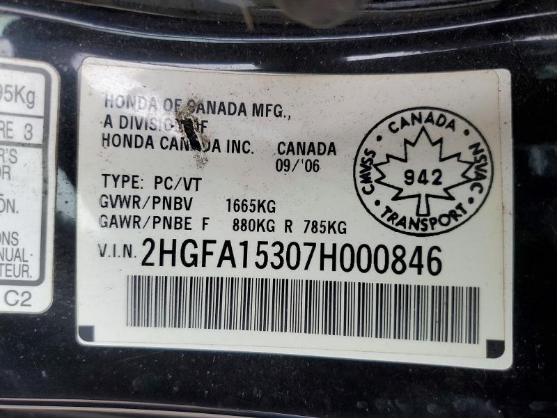 2007 Honda Civic მანქანა იყიდება აუქციონზე, vin: 2HGFA15307H000846, აუქციონის ნომერი: 69142096