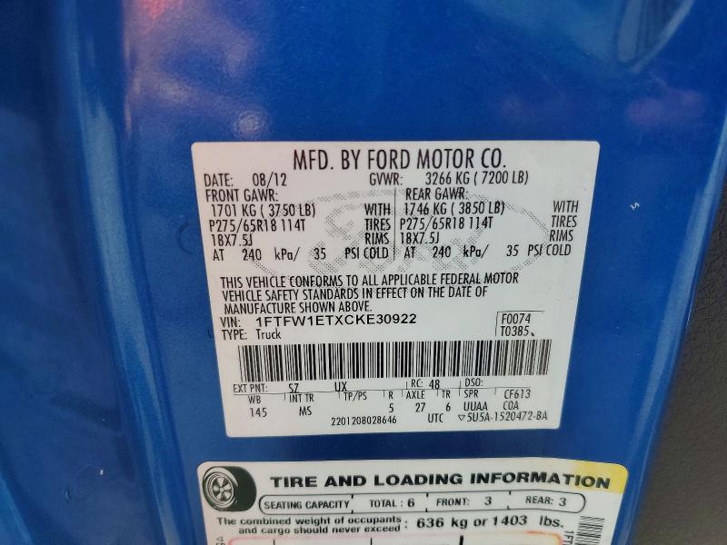 70079376 :رقم المزاد ، 1FTFW1ETXCKE30922 vin ، 2012 Ford F150 مزاد بيع