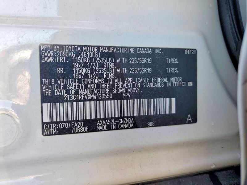 2021 Toyota Rav4 მანქანა იყიდება აუქციონზე, vin: 2T3C1RFVXMW130550, აუქციონის ნომერი: 71015046