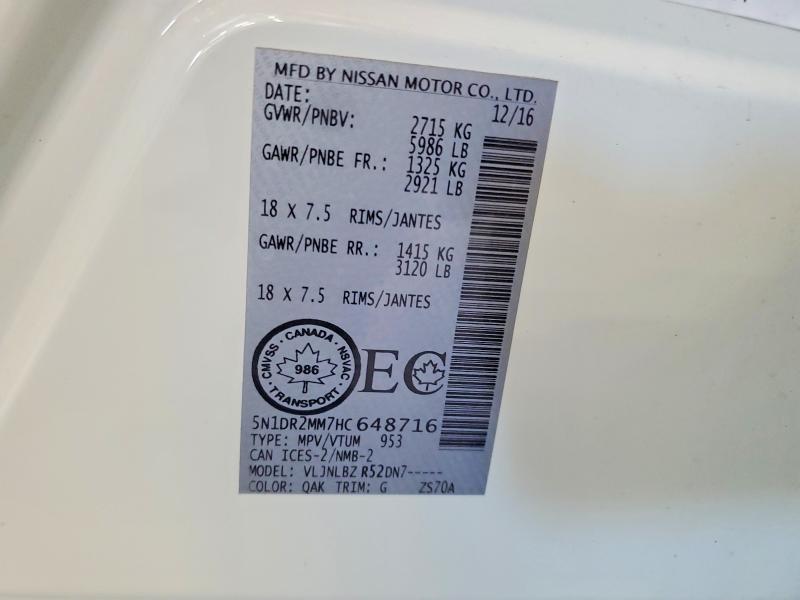 2017 Nissan Pathfinder მანქანა იყიდება აუქციონზე, vin: 5N1DR2MM7HC648716, აუქციონის ნომერი: 68295516