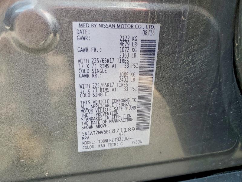 67179596 :رقم المزاد ، 5N1AT2MV6EC871189 vin ، 2014 Nissan Rogue مزاد بيع