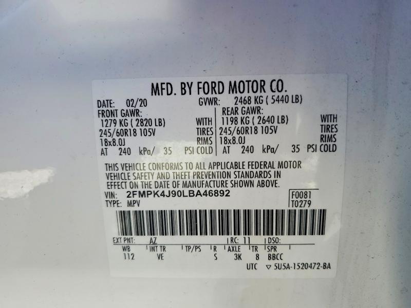 Продажа на аукционе авто 2020 Ford Edge, vin: 2FMPK4J90LBA46892, номер лота: 68810046