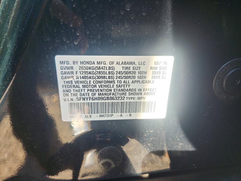 Aukcja sprzedaży 2016 Honda Pilot, vin: 5FNYF6H09GB063232, numer aukcji: 68580986