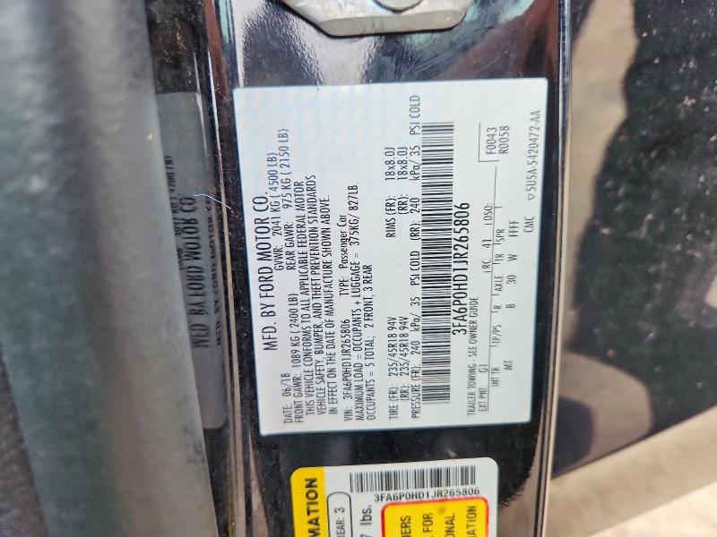 2018 Ford Fusion მანქანა იყიდება აუქციონზე, vin: 3FA6P0HD1JR265806, აუქციონის ნომერი: 69965336