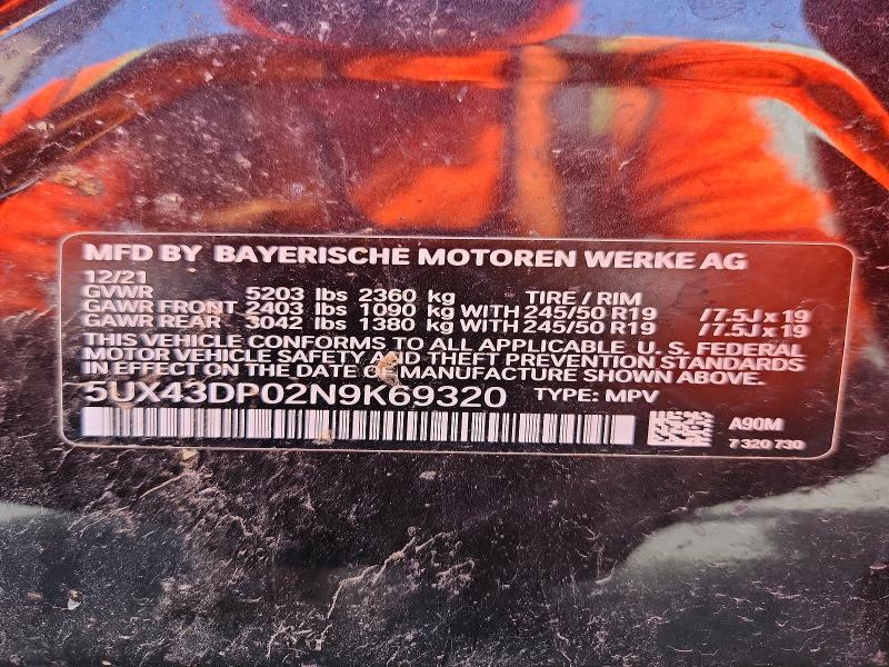 69595046 :رقم المزاد ، 5UX43DP02N9K69320 vin ، 2022 Bmw X3 مزاد بيع