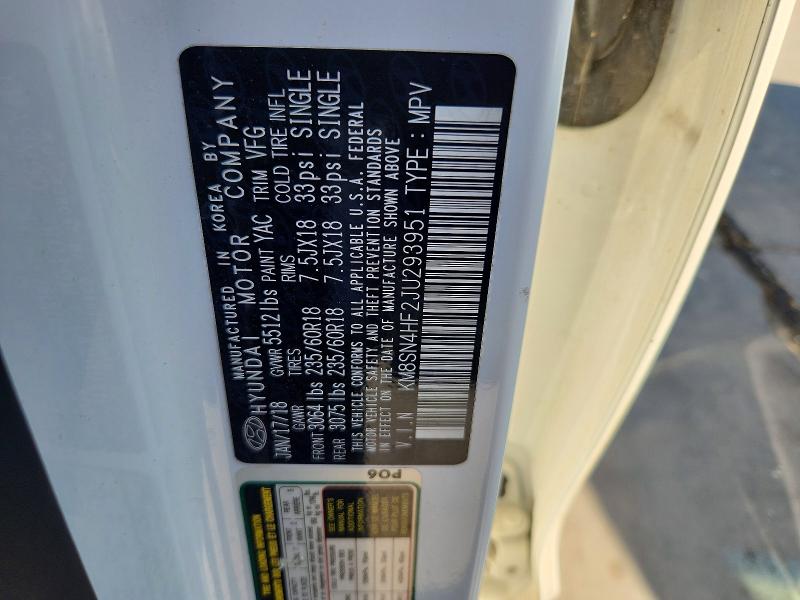 2018 Hyundai Santa Fe მანქანა იყიდება აუქციონზე, vin: KM8SN4HF2JU293951, აუქციონის ნომერი: 68401916
