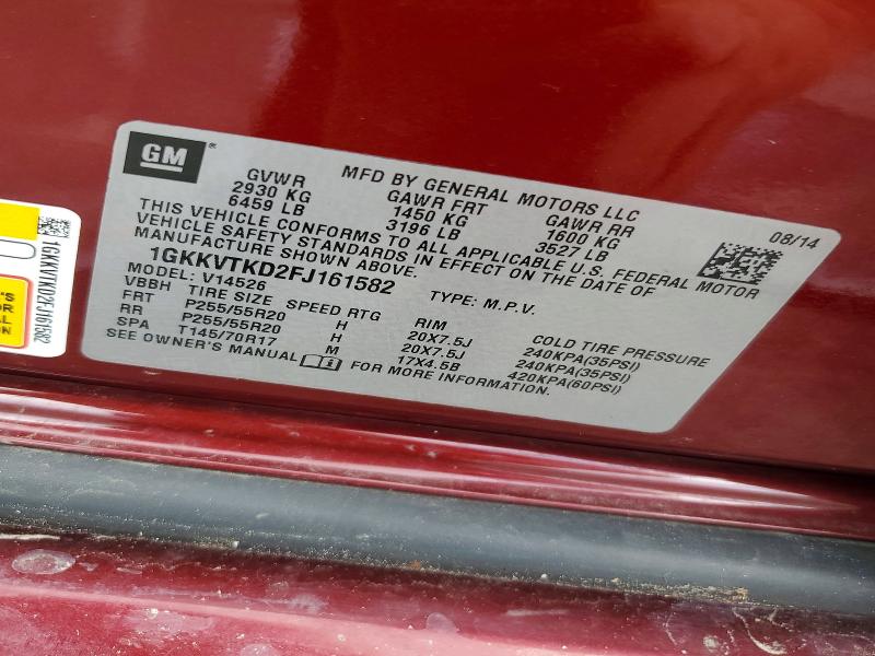 67965256 :رقم المزاد ، 1GKKVTKD2FJ161582 vin ، 2015 Gmc Acadia مزاد بيع