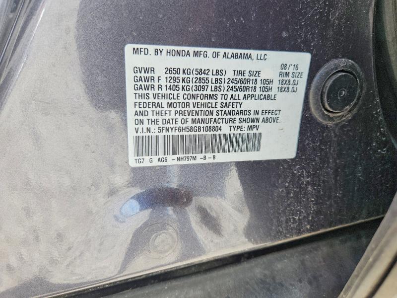 Продаж на аукціоні авто 2016 Honda Pilot, vin: 5FNYF6H58GB108804, номер лоту: 70278286