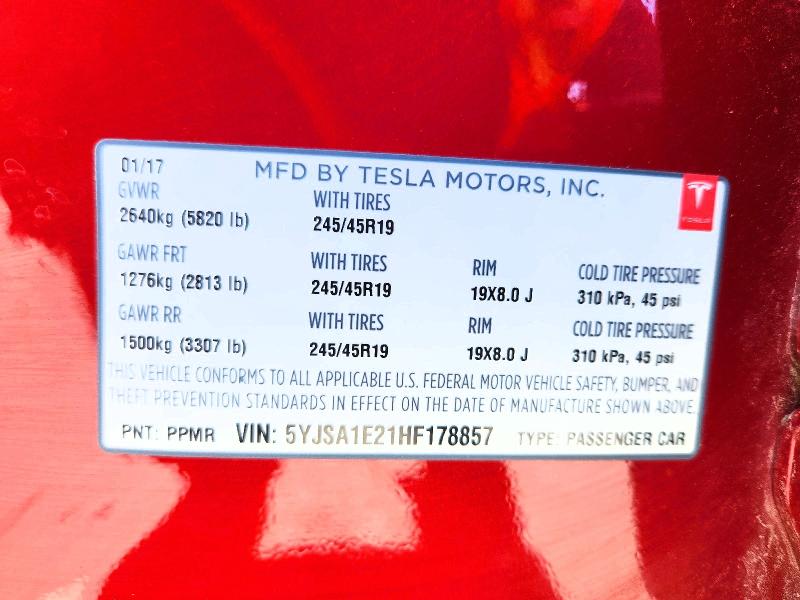 67878566 :رقم المزاد ، 5YJSA1E21HF178857 vin ، 2017 Tesla Model S مزاد بيع
