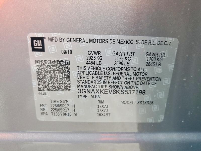 68651696 :رقم المزاد ، 3GNAXKEV8KS537198 vin ، 2019 Chevrolet Equinox مزاد بيع