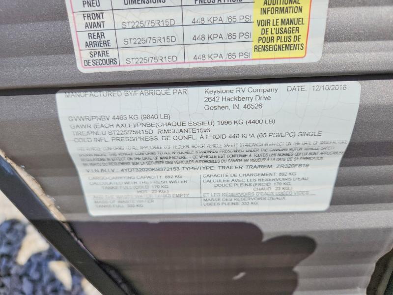 69138336 :رقم المزاد ، 4YDT32020KS372153 vin ، 2019 Keys Zinger مزاد بيع