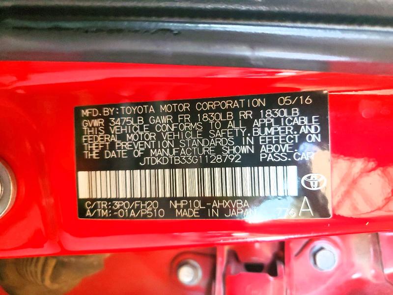 2016 Toyota Prius C მანქანა იყიდება აუქციონზე, vin: JTDKDTB33G1128792, აუქციონის ნომერი: 67275706