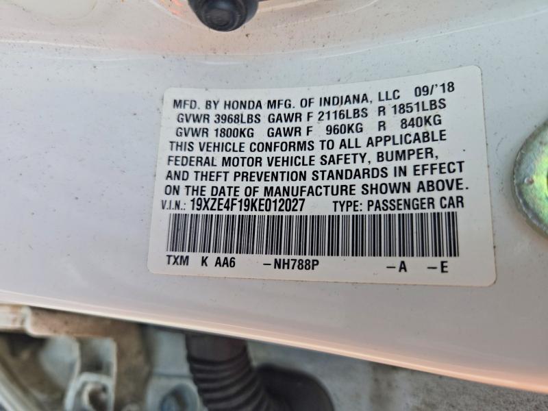 2019 Honda Insight მანქანა იყიდება აუქციონზე, vin: 19XZE4F19KE012027, აუქციონის ნომერი: 70223256