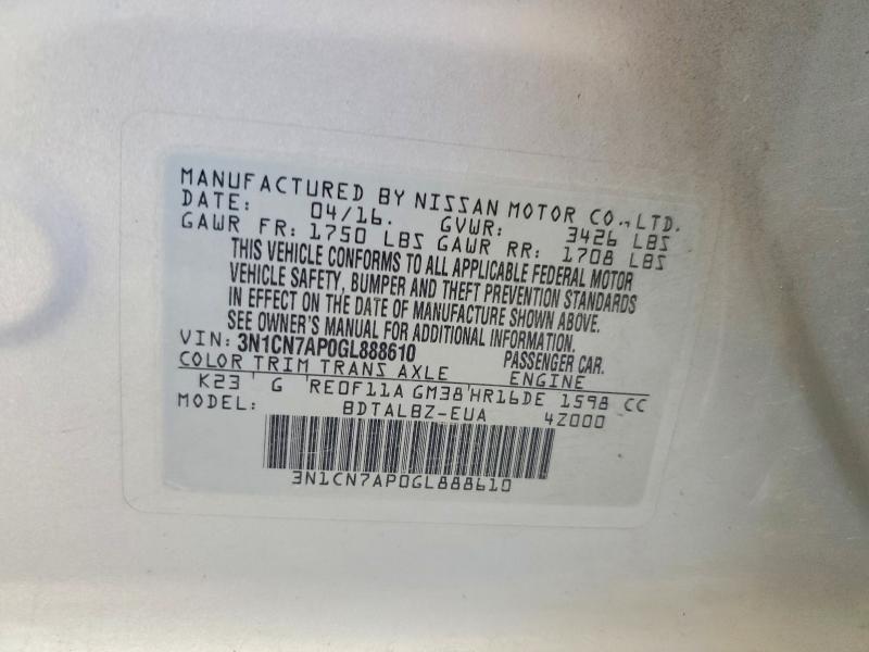 Auction sale of the 2016 Nissan Versa, vin: 3N1CN7AP0GL888610, lot number: 68881256