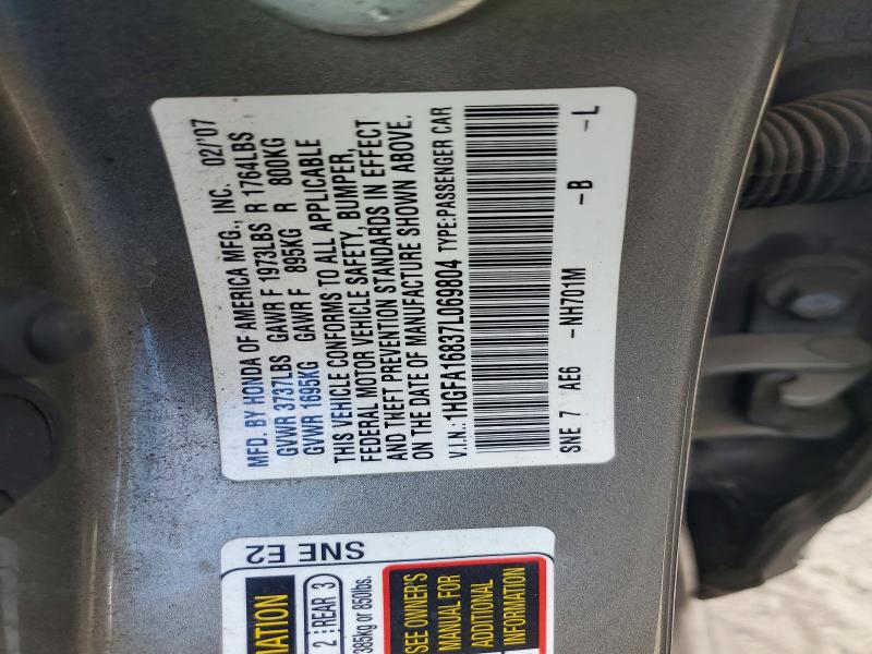 Aukcja sprzedaży 2007 Honda Civic, vin: 1HGFA16837L069804, numer aukcji: 69182826