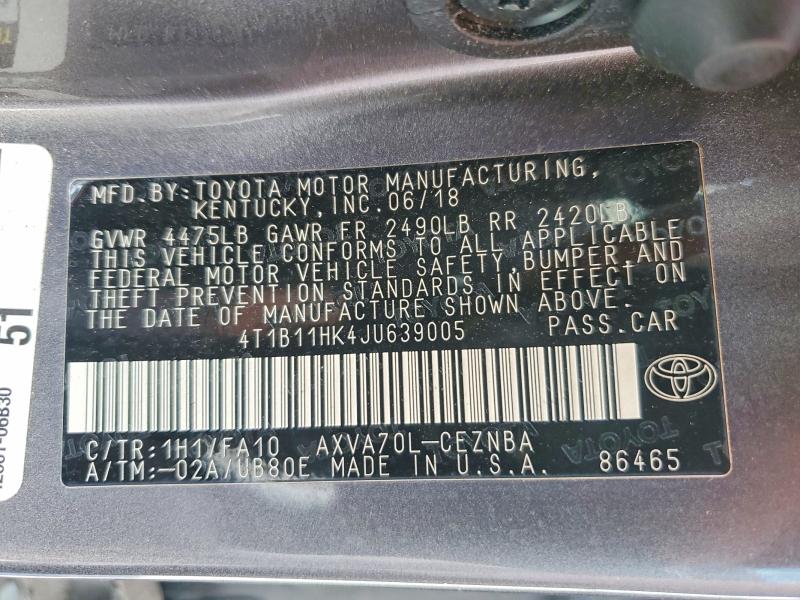 70162996 :رقم المزاد ، 4T1B11HK4JU639005 vin ، 2018 Toyota Camry مزاد بيع