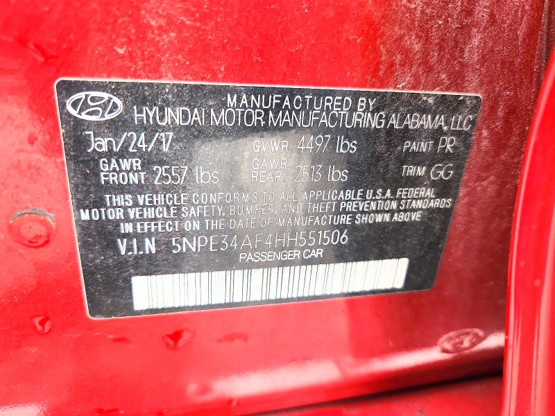 2017 Hyundai Sonata მანქანა იყიდება აუქციონზე, vin: 5NPE34AF4HH551506, აუქციონის ნომერი: 70798756