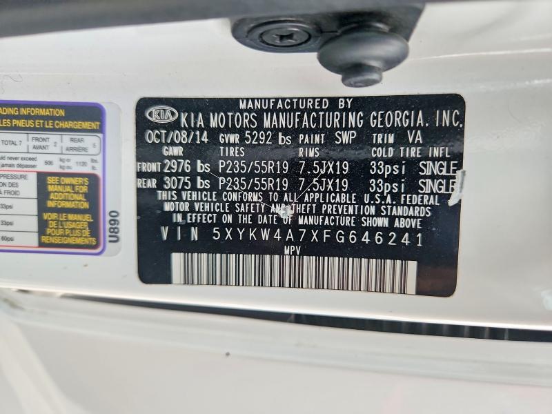 68648146 :رقم المزاد ، 5XYKW4A7XFG646241 vin ، 2015 Kia Sorento مزاد بيع