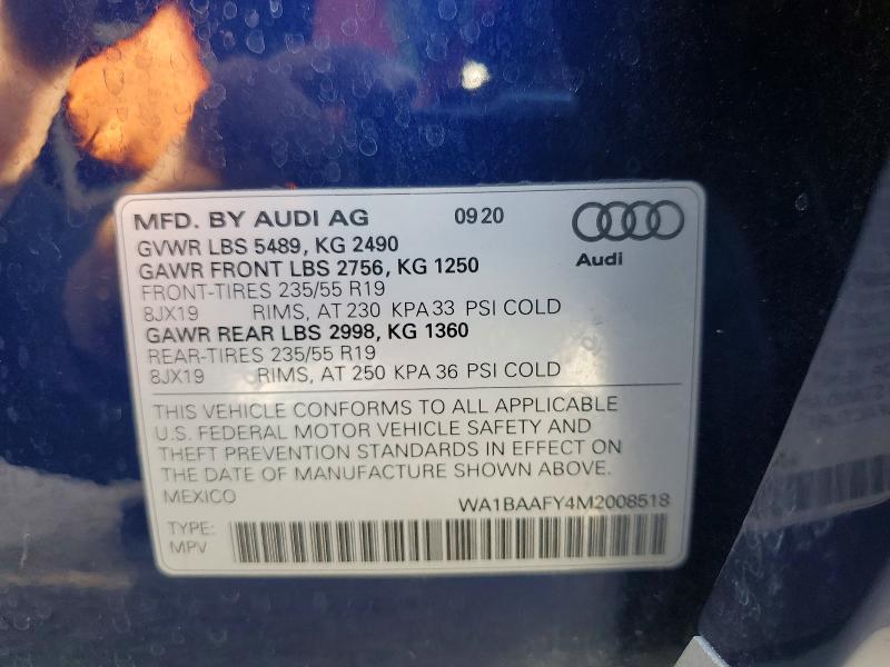 2021 Audi Q5 მანქანა იყიდება აუქციონზე, vin: WA1BAAFY4M2008518, აუქციონის ნომერი: 68994646