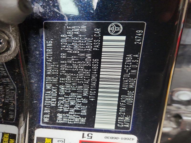 68418246 :رقم المزاد ، 4T1C11AK0MU448636 vin ، 2021 Toyota Camry مزاد بيع