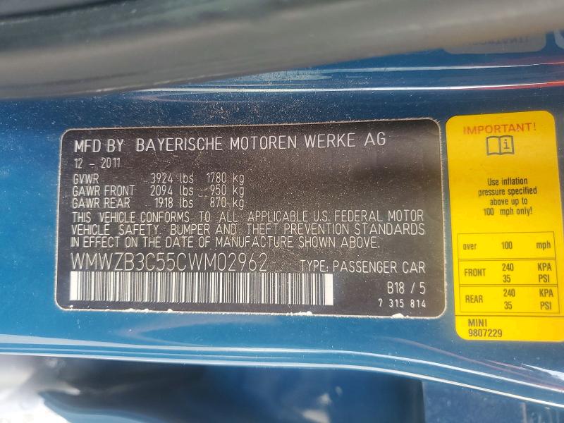 70175456 :رقم المزاد ، WMWZB3C55CWM02962 vin ، 2012 Mini Cooper مزاد بيع