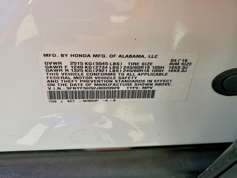 69812846 :رقم المزاد ، 5FNYF5H52JB020929 vin ، 2018 Honda Pilot مزاد بيع
