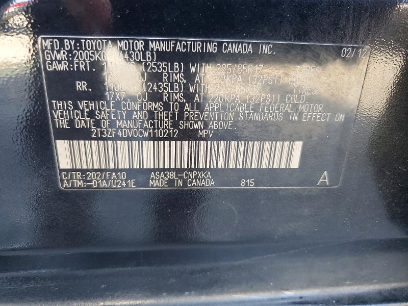 Auction sale of the 2012 Toyota Rav4, vin: 2T3ZF4DV0CW110212, lot number: 68304636