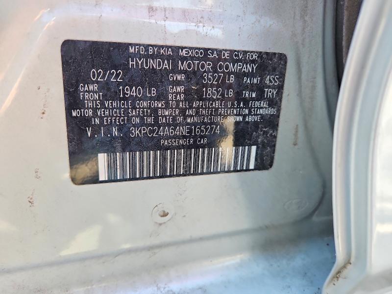 2022 Hyundai Accent მანქანა იყიდება აუქციონზე, vin: 3KPC24A64NE165274, აუქციონის ნომერი: 70330286