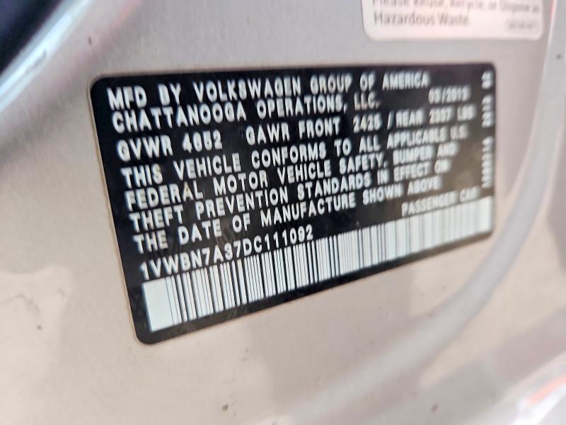 67498776 :رقم المزاد ، 1VWBN7A37DC111092 vin ، 2013 Volkswagen Passat مزاد بيع