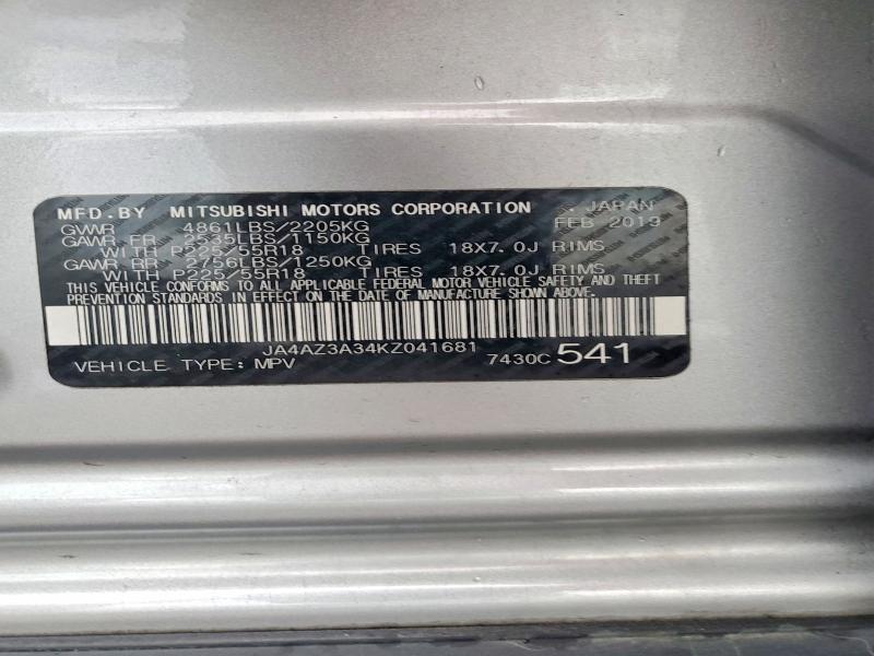 67767886 :رقم المزاد ، JA4AZ3A34KZ041681 vin ، 2019 Mitsubishi Outlander مزاد بيع