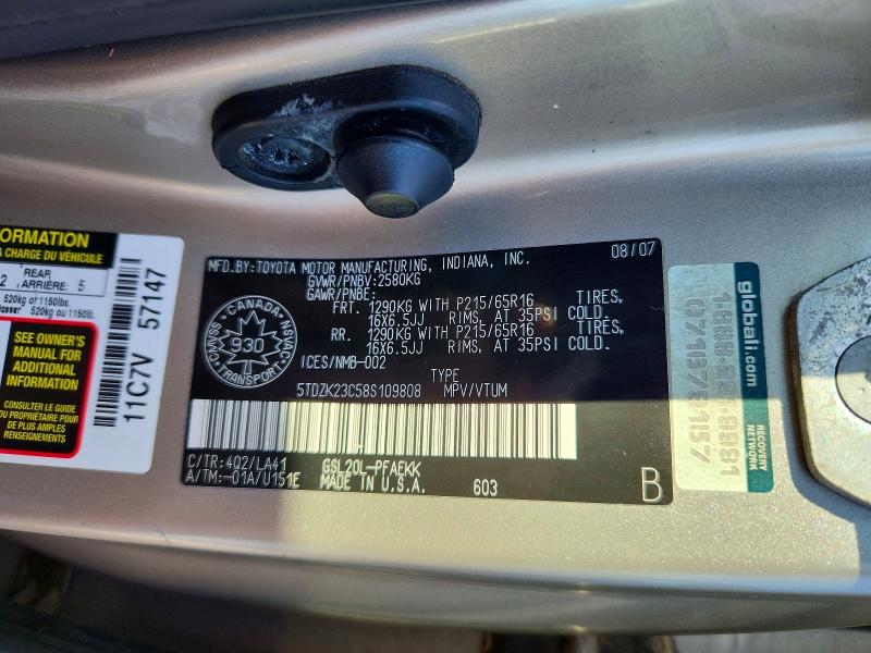 Aukcja sprzedaży 2008 Toyota Sienna, vin: 5TDZK23C58S109808, numer aukcji: 65167826