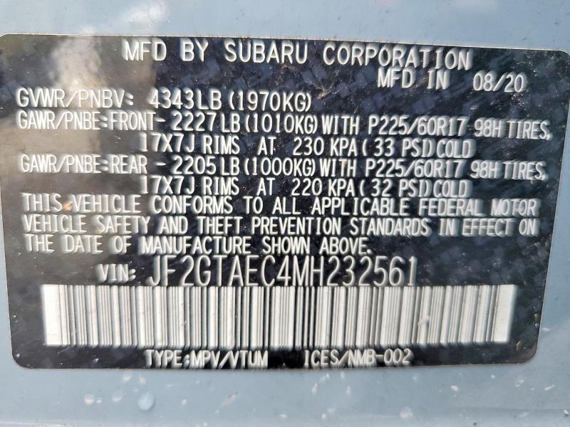 Aukcja sprzedaży 2021 Subaru Crosstrek, vin: JF2GTAEC4MH232561, numer aukcji: 67562886
